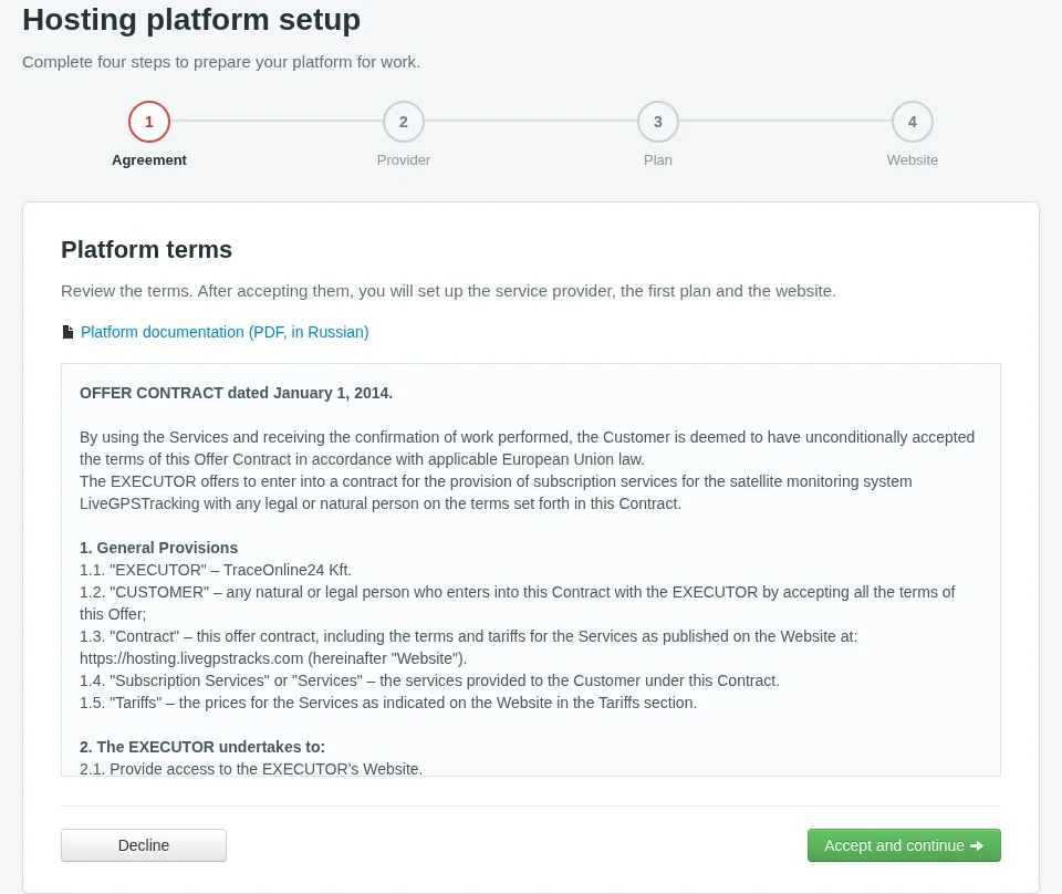 First wizard step: platform terms and the Accept and continue button