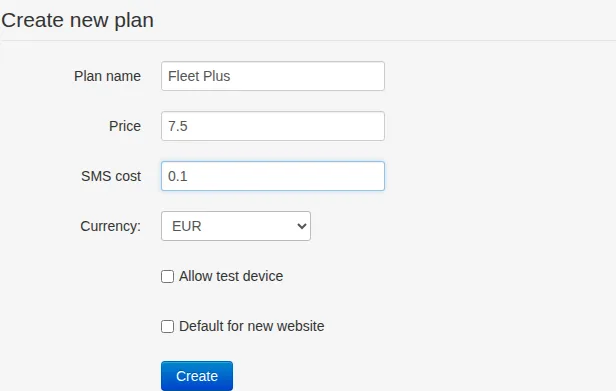 Create Fleet Plus with a monthly device price of 7.50 EUR and an SMS price of 0.10 EUR