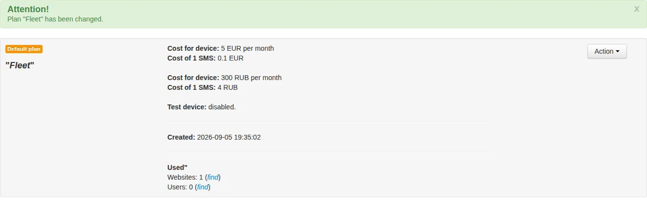 Saved Fleet plan with monthly prices of 5 EUR and 300 RUB, SMS prices and website usage count