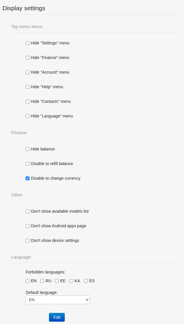 Display settings with currency changes disabled, EN as the default and no forbidden languages