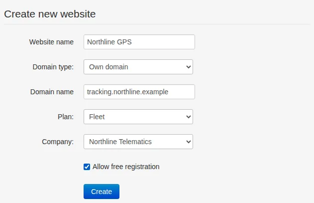 Creating a website with a custom domain, Fleet plan, Northline Telematics provider and self-registration