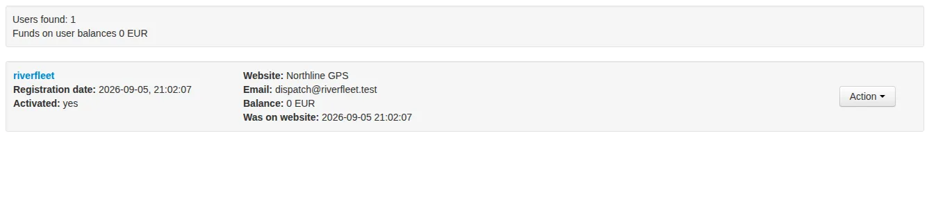 New riverfleet customer in the Northline GPS user list with a zero EUR balance