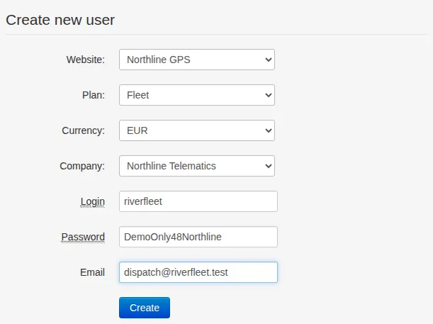 Manual customer creation with explicit website, Northline Telematics provider, Fleet plan and EUR currency