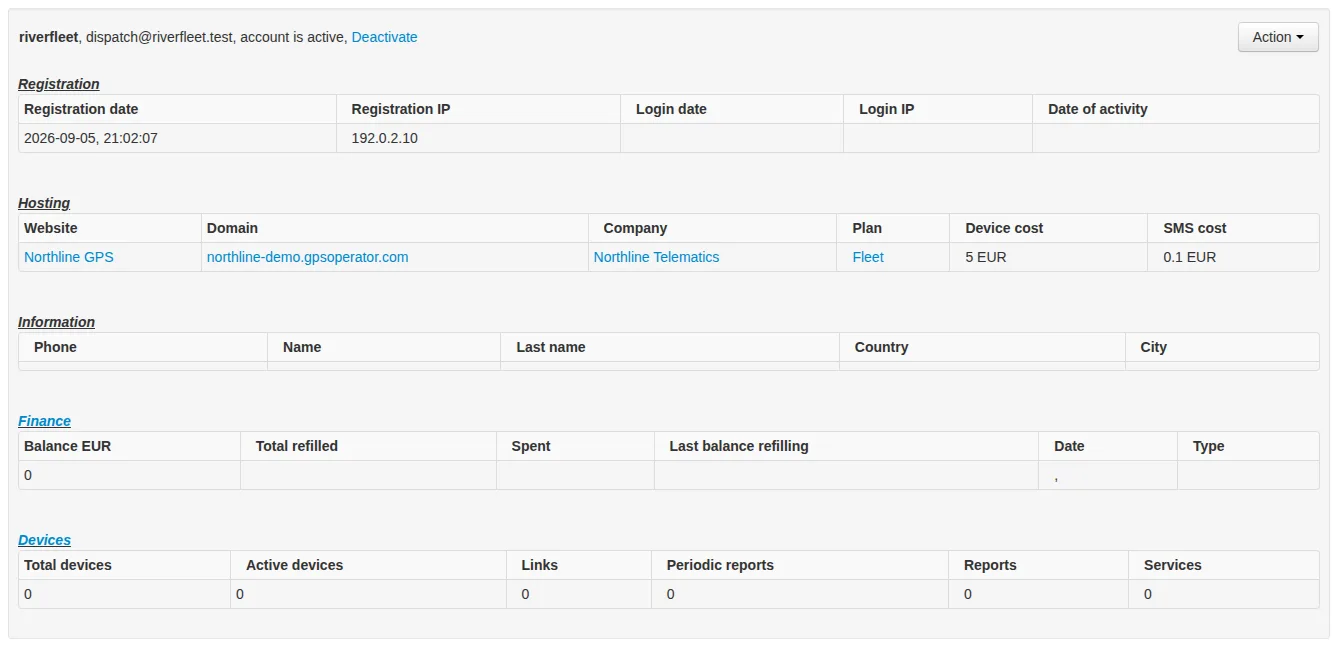 New customer record showing Northline GPS, Northline Telematics, Fleet at EUR 5 and a zero balance