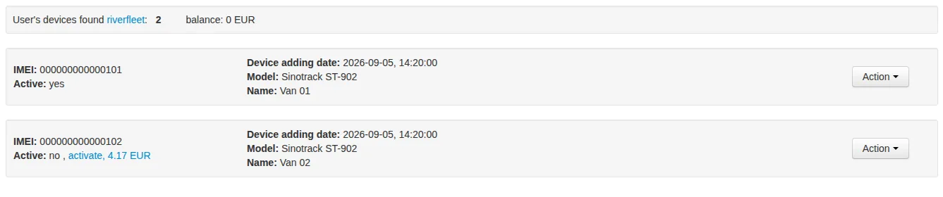 Riverfleet devices with a zero EUR balance and a chargeable activation link for the second tracker