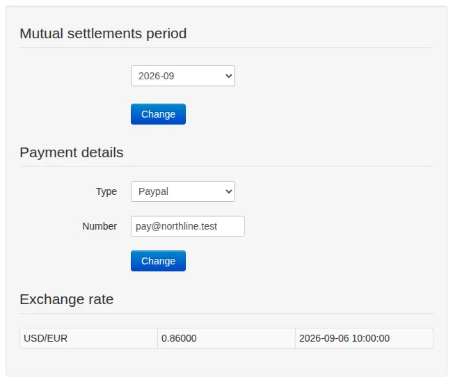 Settlement period, payout details and a demonstration USD/EUR rate